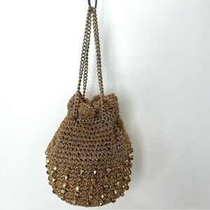 Vintage Gold Metallic Crochet Beaded Mini Bag Drawstring Chain Boho Glam Retro